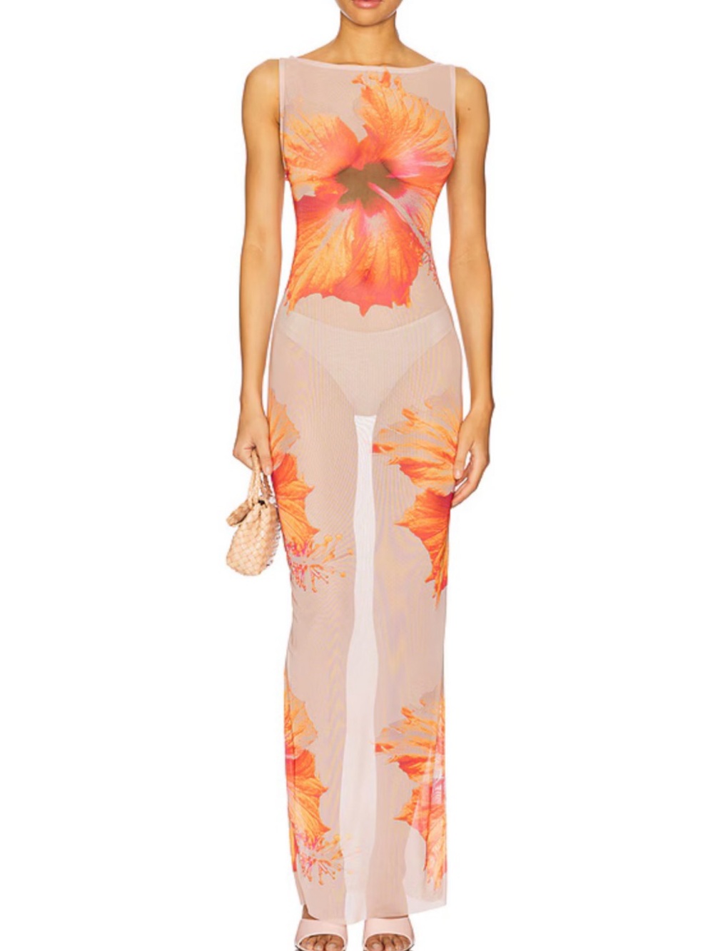 Good American Gauze Mesh Maxi Dress in Mauve Tropical Hibiscus sz Small